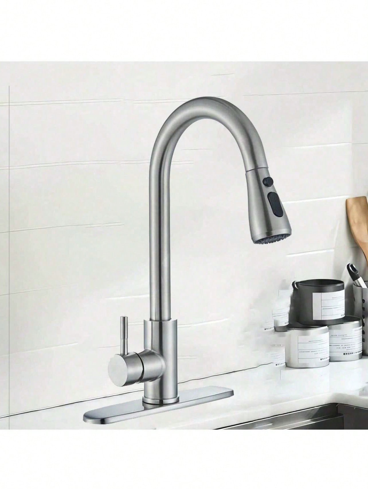 Commercial Kitchen And Bar - ก๊อกน้ำห้องครัวพร้อมหัวฉีดดึงลง ด้ามจับเดี่ยว โค้งสูง สเตนเลสสตีล นิกเกิลปัดเงา สำหรับอ่างล้างจาน